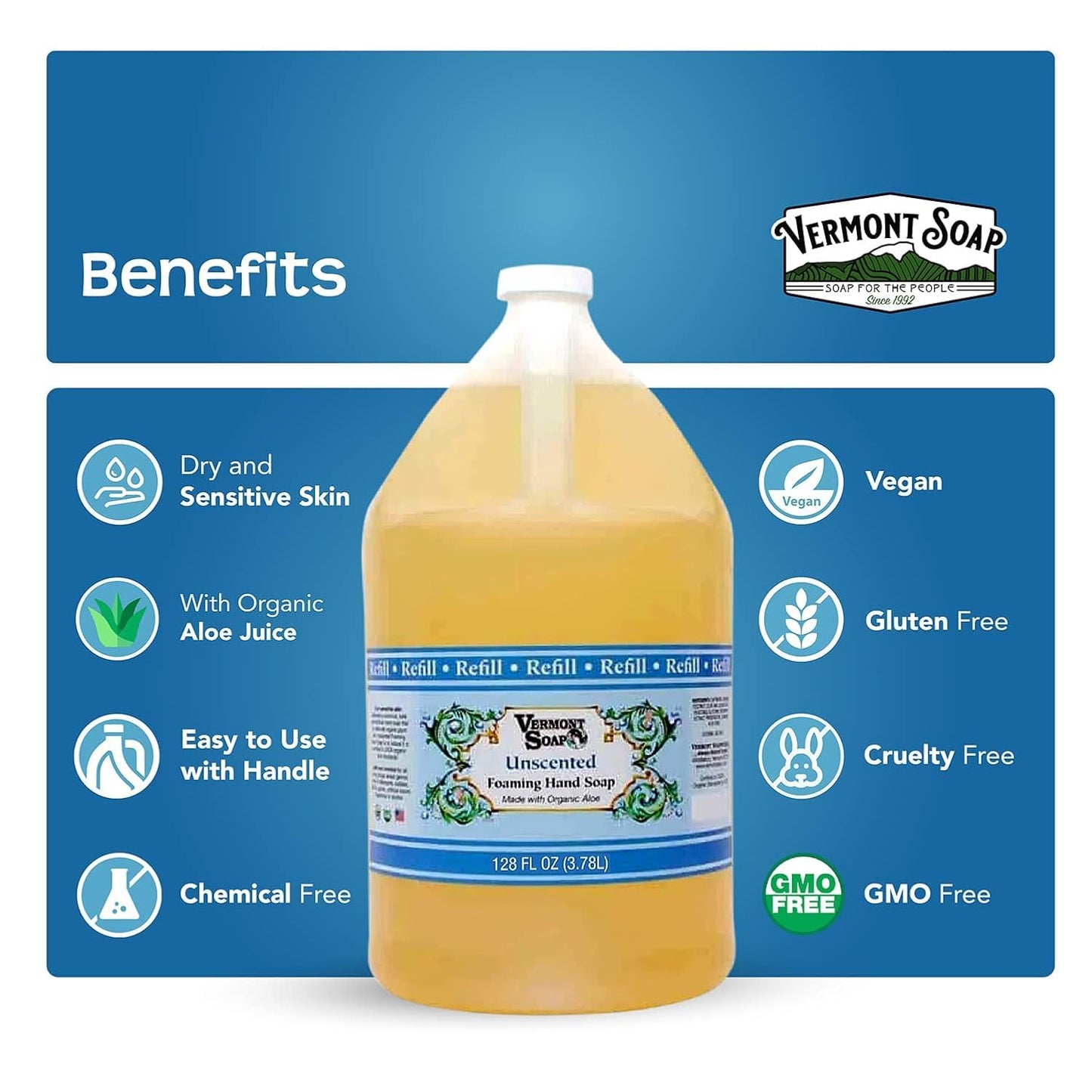 VERMONT SOAP Organics Foaming Hand Soap, Liquid Soap with Pre-diluted Formula - Ready to Use Simply Unscented Hand Soap With Convenient and Economical Gallon Refill Size