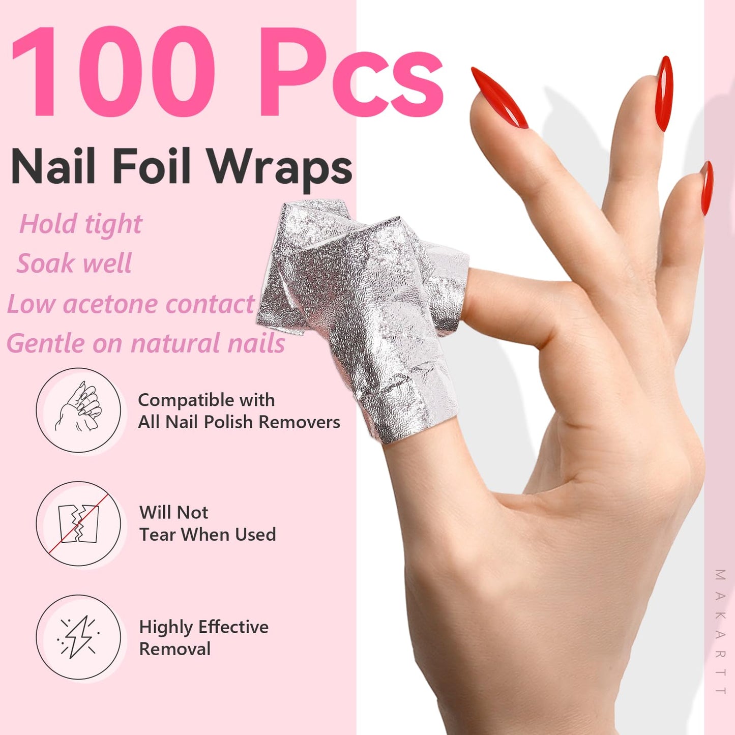 Makartt Nail Foil Wraps, 100PCS Soak Off Foils with Pre-Attached Larger Lint-Free Cotton Pads for Removing Gel Polish, Acrylic, Dip Powder, Builder Gel & Nail Glue