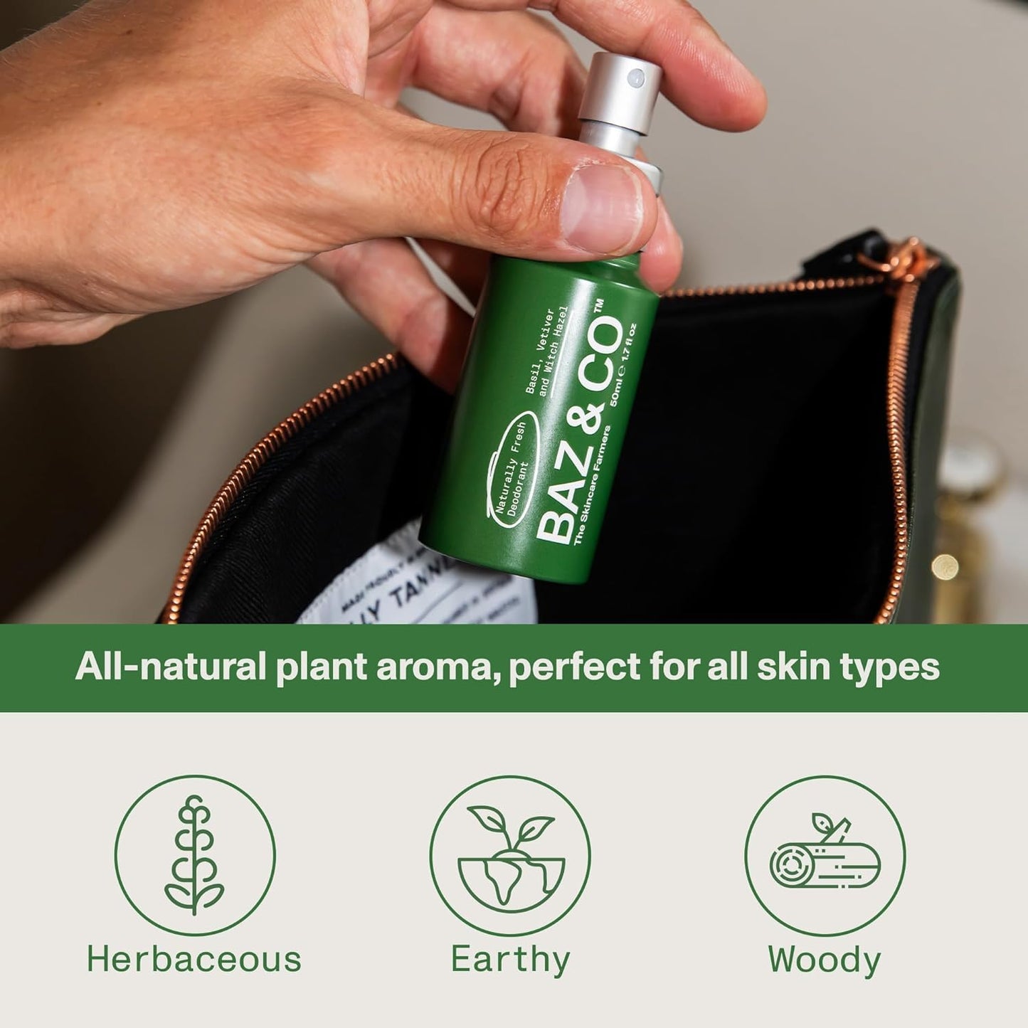 BAZ & CO Naturally Fresh Travel Size Deodorant Body Spray for Men | Aluminium Free Deodorant | Basil, Vetiver & Witch Hazel | 50ml