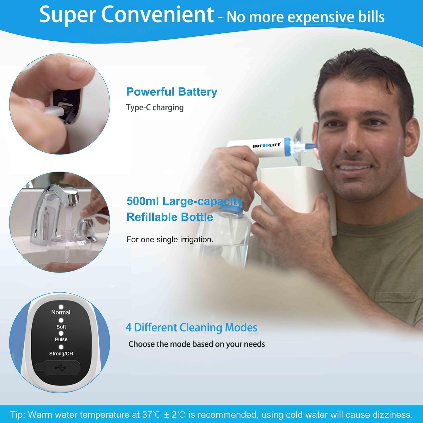BOCOOLIFE Electric Ear Wax Removal Kit – Water Flushing Irrigation System Ears Flush Cleaner Powered with 4 Pressure Settings, Safe & Effective Ear Cleaning Kit, Includes 30 Tips, Basin