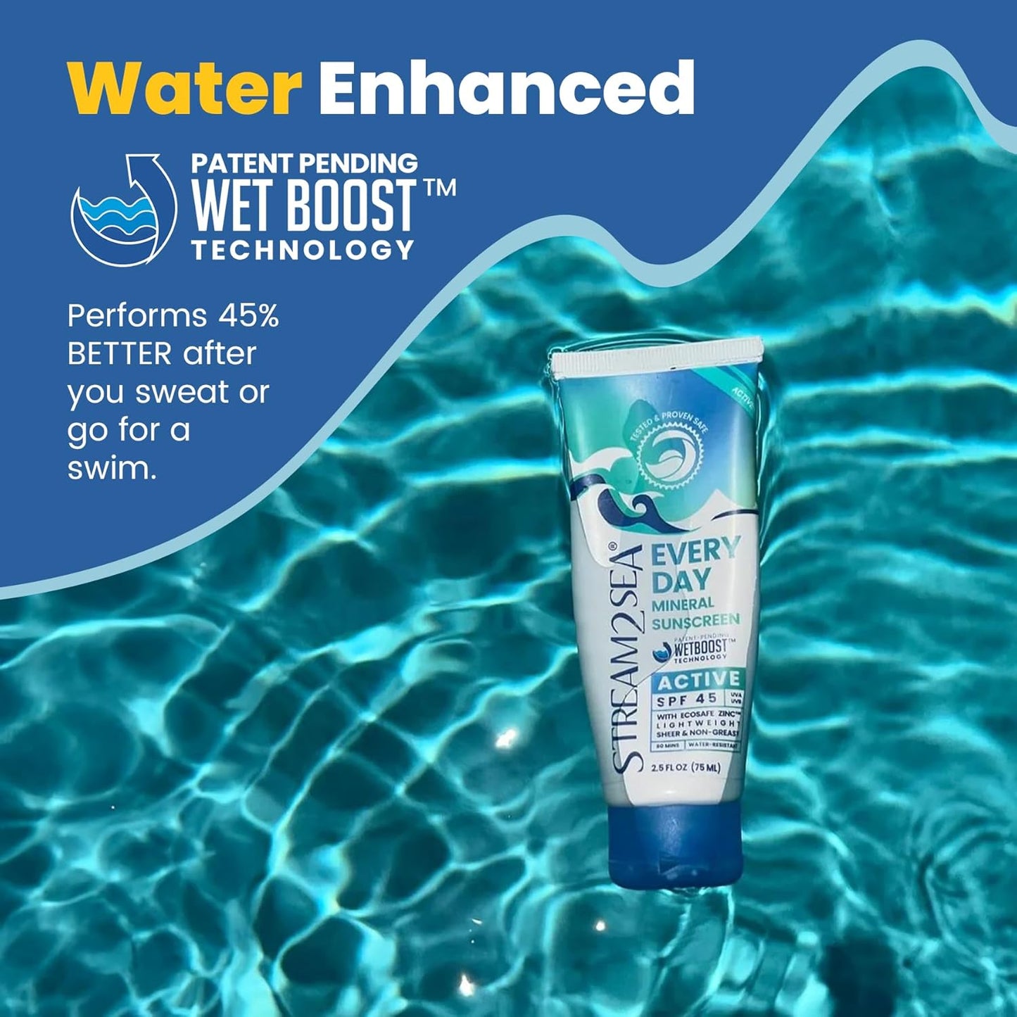 Every Day Active Mineral Sunscreen SPF 45 - Reef Safe, Biodegradable, EWG Verified | Water Resistant 80 Min, 2.5 Fl Oz
