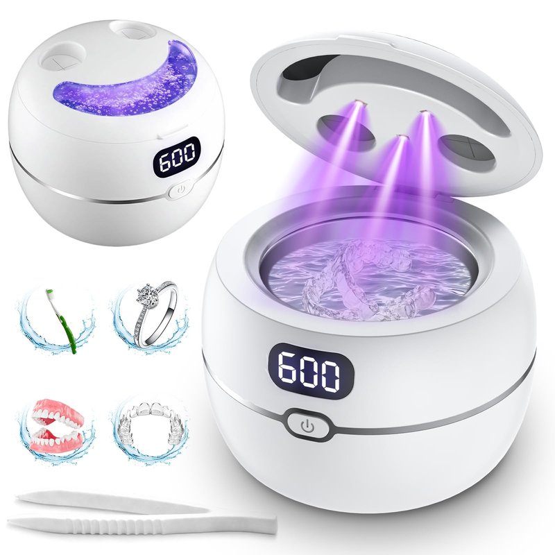 Ultrasonic Retainer Cleaner Machine for Dentures, Mouth Guards, Braces, Toothbrush Heads, Jewelry, 220ML Capacity Ultrasonic Cleaner with Digital Timer&UV, 2 Modes for All Dental Appliances，White