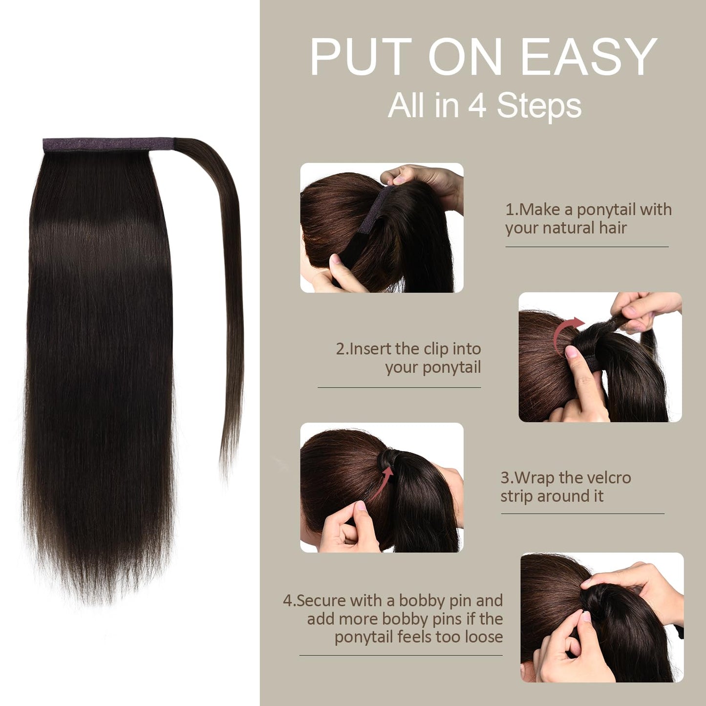 JIAMEISI Ponytail Extension Human Hair Wrap Around Clip in Hair Piece Ponytail Extension Human Hair Straight Ponytail Hair Extensions with Magic Paste 70G 16 Inch #2 Darkest Brown