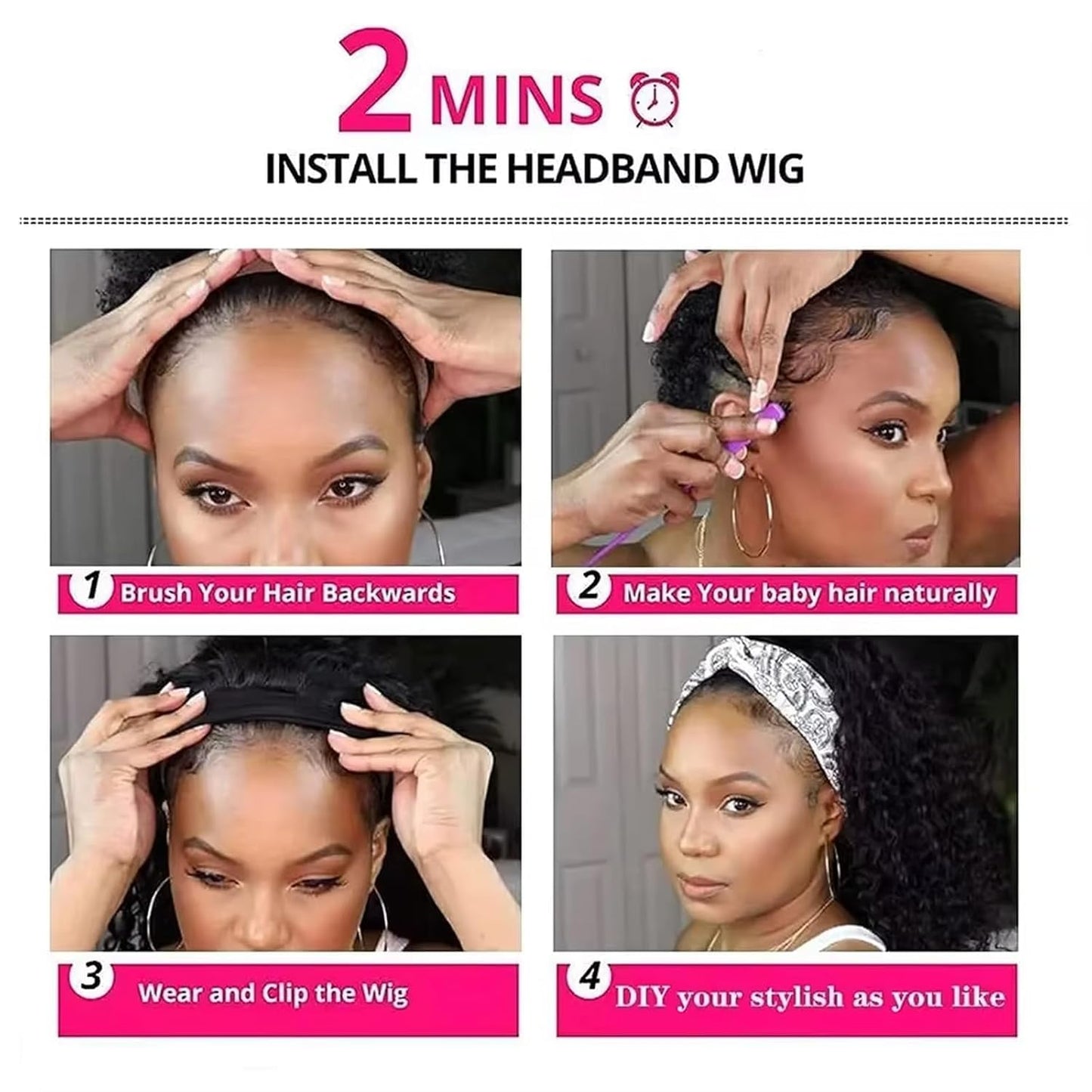 Punmasa Headband Wig Human Hair Deep Wave 150% Density None Lace Front Wig Human Hair Machine Made Wigs 14 inches Headband Curly Human Hair Wigs for Women Natural Color Half wigs