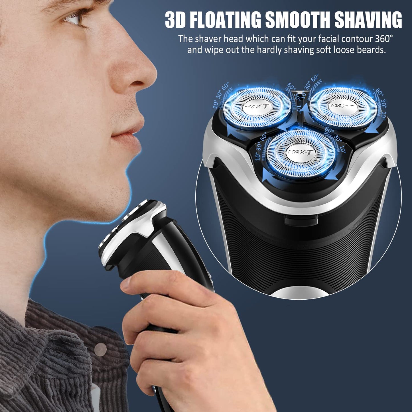 Men's Electric Shaver - MAX-T Corded and Cordless Rechargeable 3D Rotary Shaver Razor for Men with Pop-up Sideburn Trimmer Wet and Dry