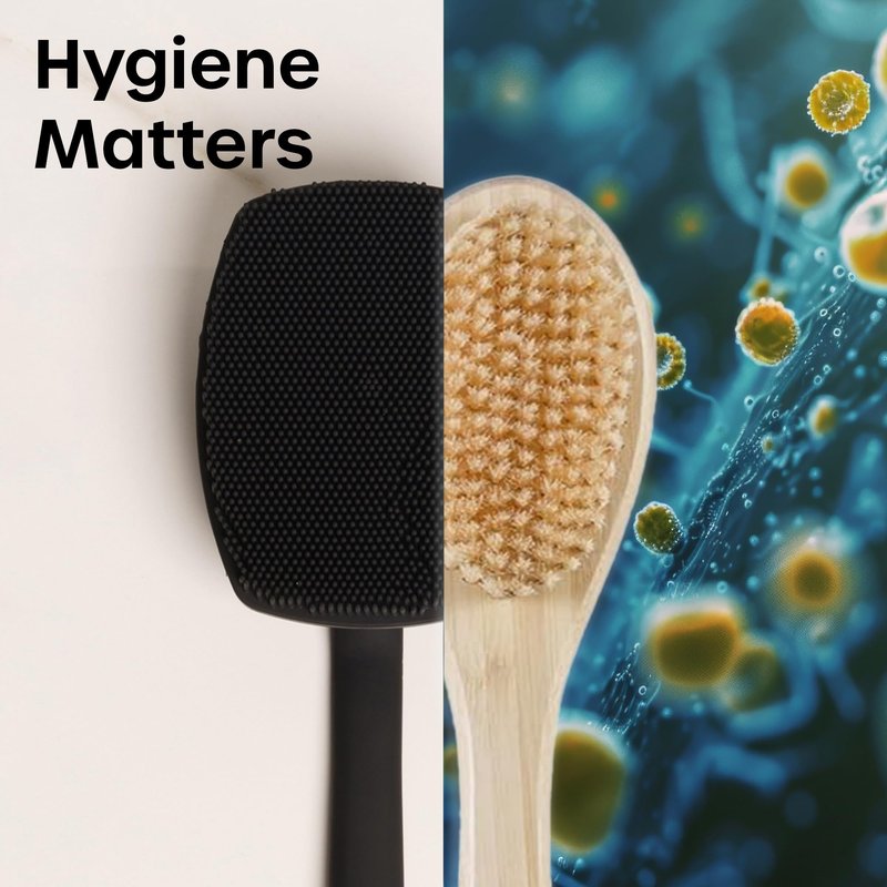 The Man Silicone Back Scrubber for Men - 18.5" Long Handle Shower Brush for Back & Body - Exfoliating Body Scrubber - Quick-Dry Hygienic Silicone with Hook