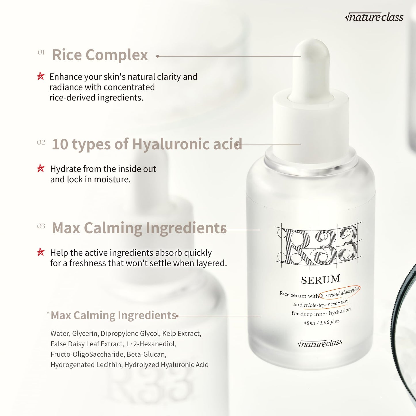 NATURECLASS R33 Serum Niacinamide Hyaluronic Acid, Korean Skincare Glass Skin, Brightening Hydrating Face Serum, Dark Spot Correcting Pore Minimizer Facial Serum, K Beauty Fragrance Free, 1.69 fl oz