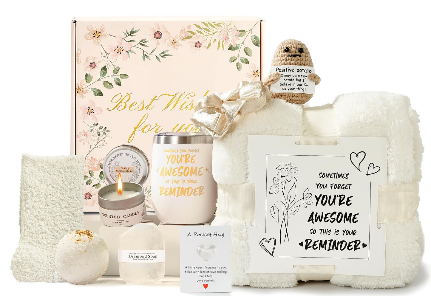 Self Care Gift Basket for Women, Luxury Spa Gift Basket with Blanket, Vanilla Coconut Self Care Set, Friendship Birthday Box for Mom, Sister, Wife, Best Friend, Coworker(White)