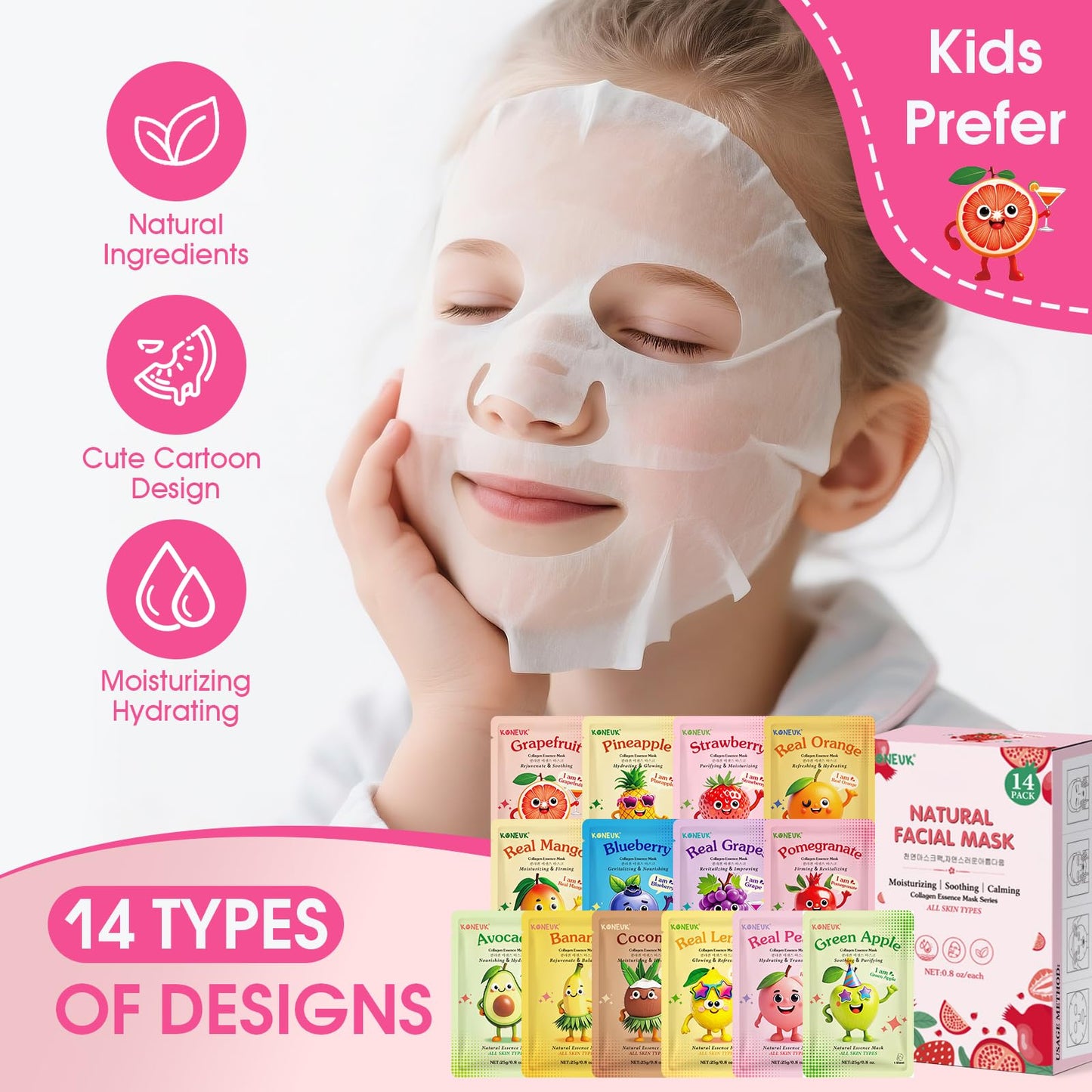 KONEUK Fruit Face Masks Skincare for Kids Teens Girls, Face Mask Skin Care