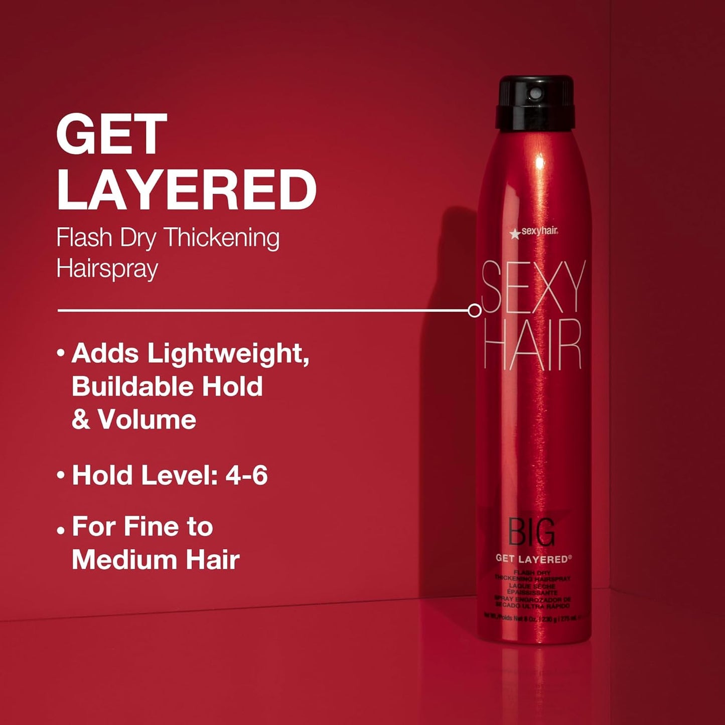 SexyHair Big Get Layered Thickening Hairspray - 8 Oz | Buildable Volume, Texture & Shine, Humidity Resistant