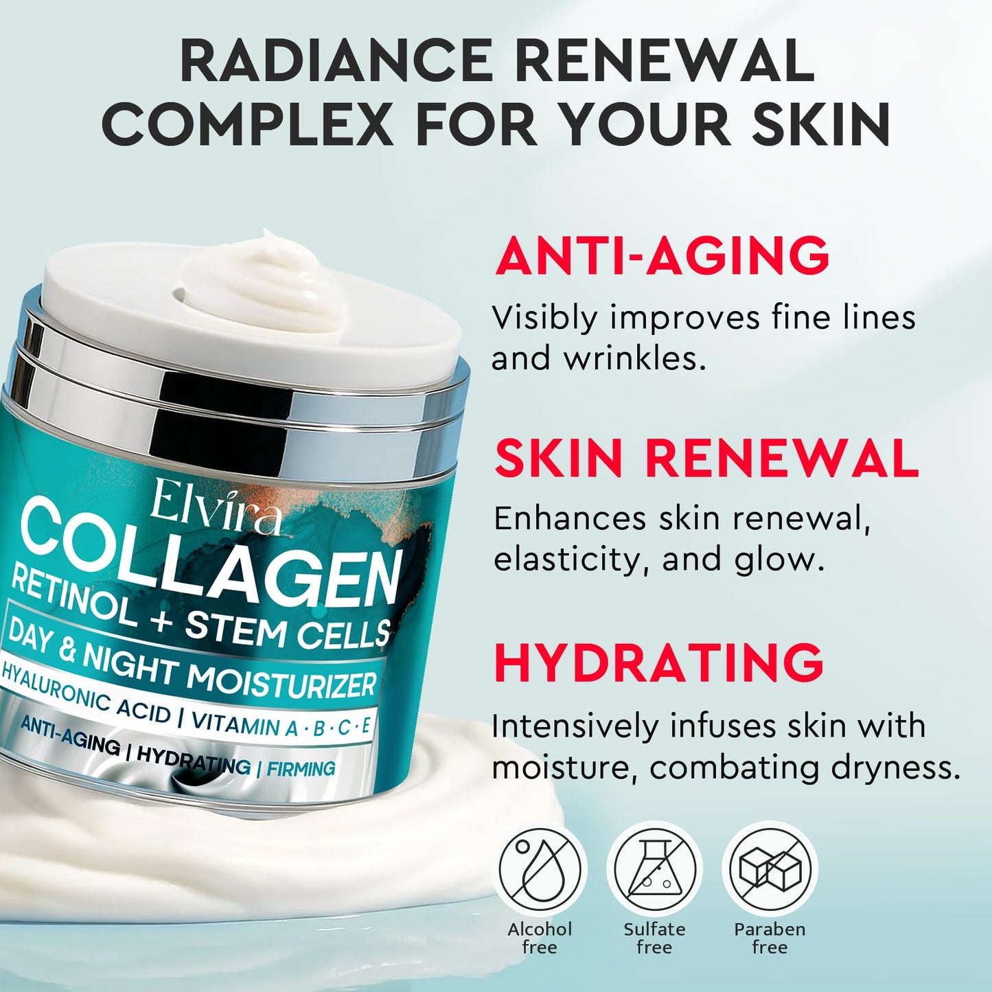 Elvira Retinol Moisturizer Cream - Anti Aging Face & Neck Firming Cream with Hyaluronic Acid & Collagen - 1.85 Fl Oz