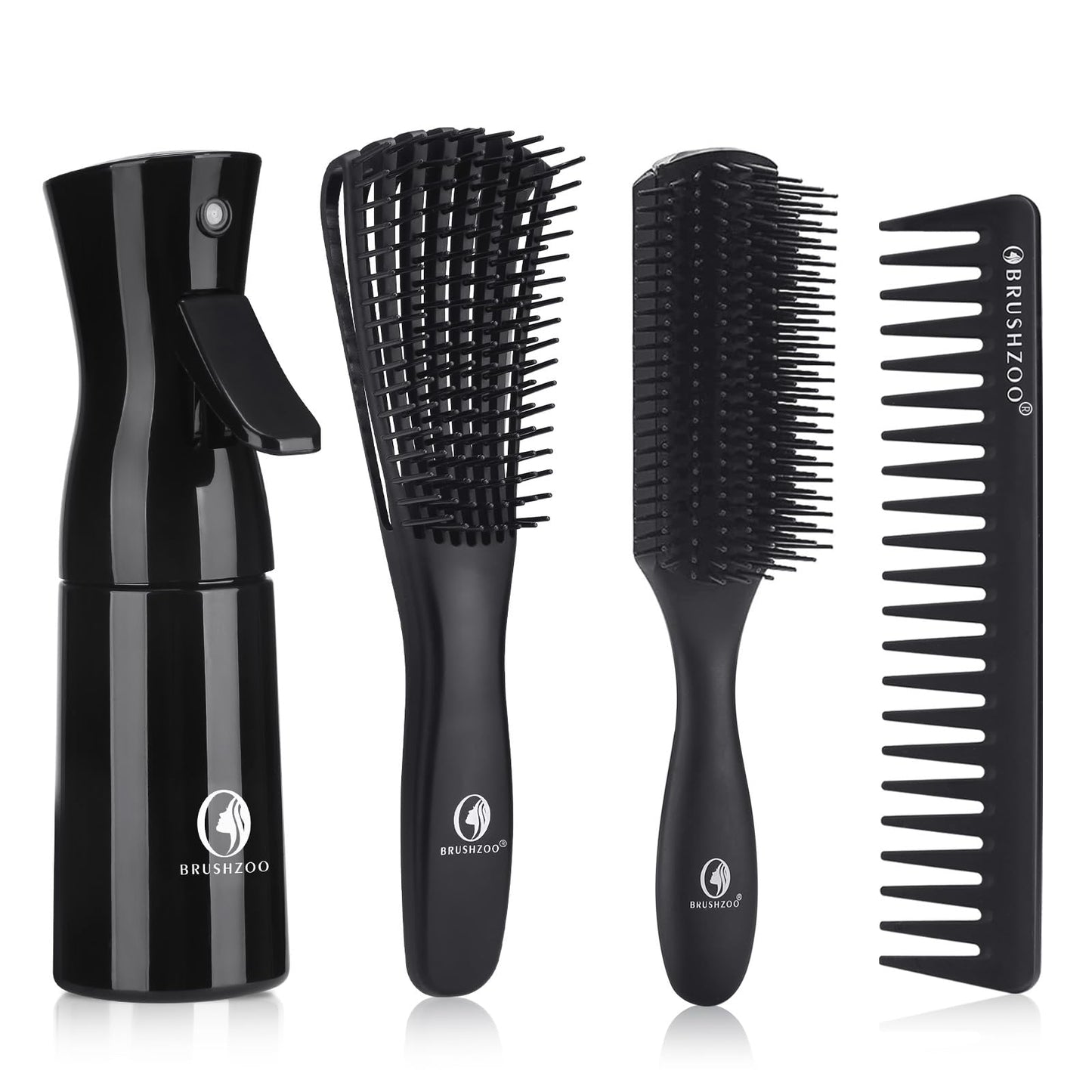 BRUSHZOO Hair Brush Set for Women, Men, and Kids - Detangling Brushes for Curly and Natural 3/4abc Hair, Wide Tooth Comb, Detangler Brush, and Hair Spray Bottle