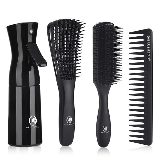 BRUSHZOO Hair Brush Set for Women, Men, and Kids - Detangling Brushes for Curly and Natural 3/4abc Hair, Wide Tooth Comb, Detangler Brush, and Hair Spray Bottle