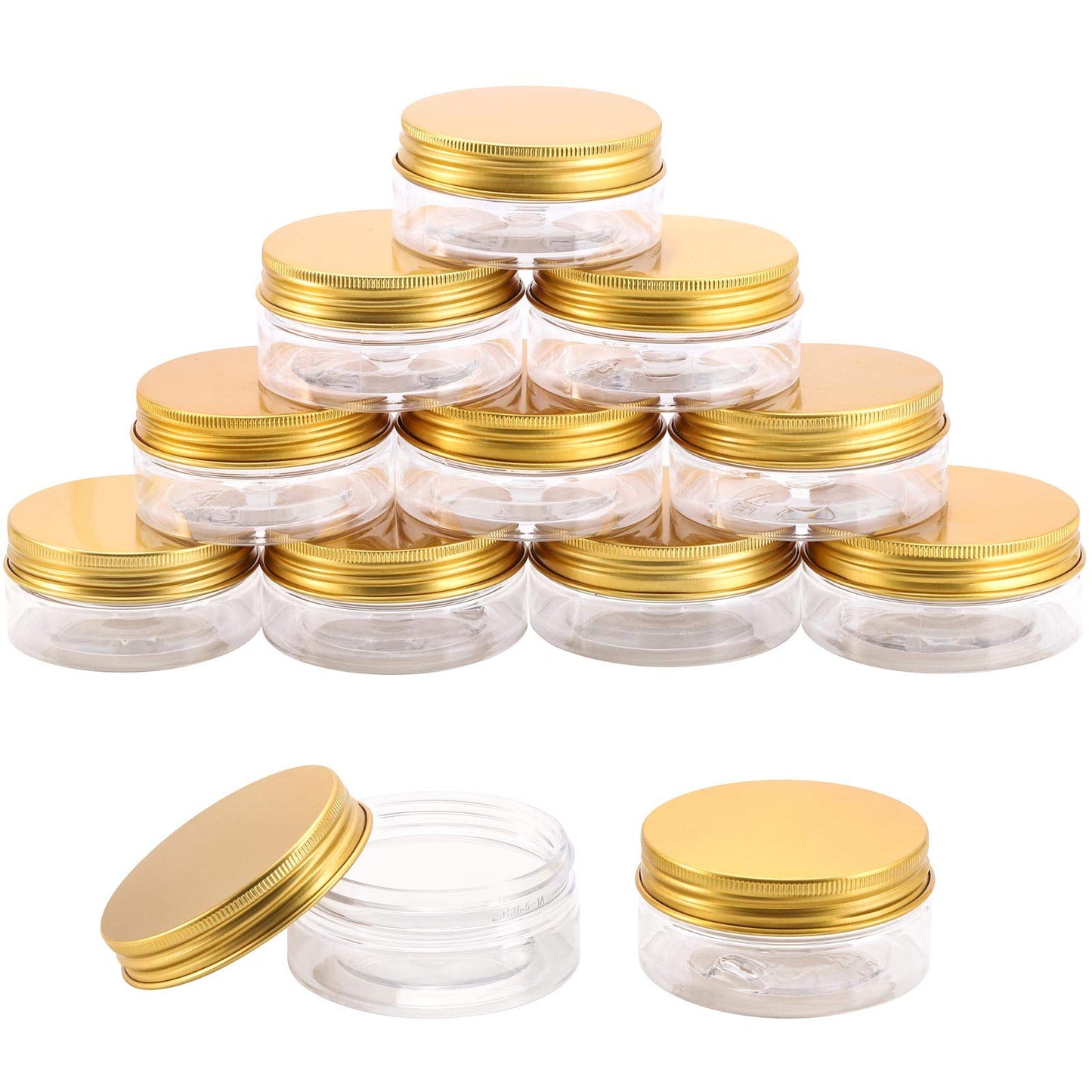 Tecbeauty 12-Pack 300ml Empty Large Refillable Clear Plastic Jars with Lids for Beauty Products, Round Containers for Slime, Cream, Multi Use, Gold