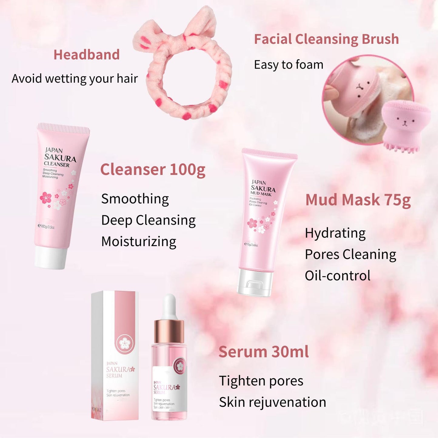Evolvique Japan Sakura Skincare Set Women Gifts - 8 Pcs Teenage Skin Care Set - Skin Care for Teens 10-12 - Skincare for Girls 10-12 - Teen Skin Care Kit with Face Mask,Cleanser,Cream,Headband