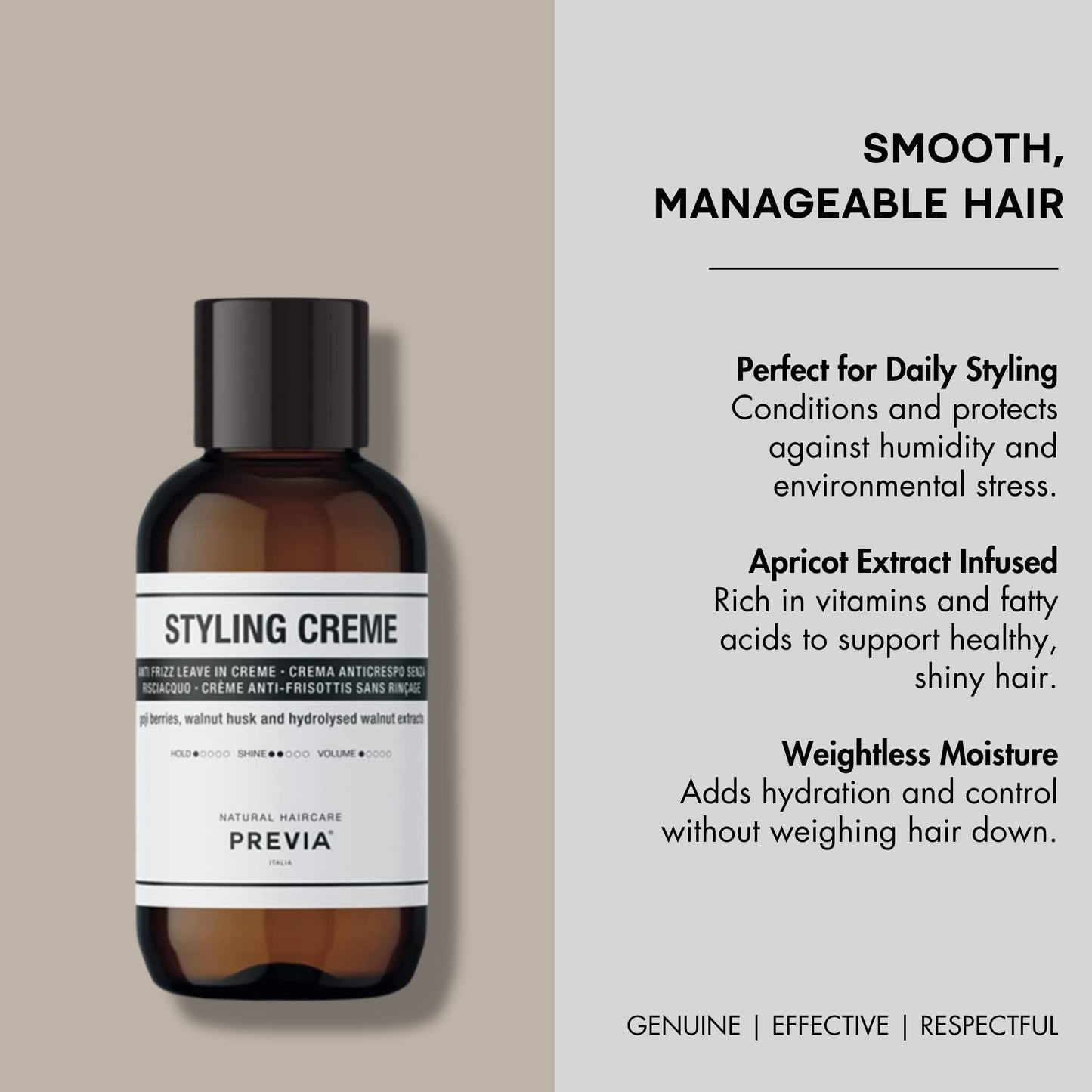 PREVIA Anti Frizz Leave-In Creme - Hydrating Styling Cream for Frizzy Hair with Apricot Extract - Detangles & Preps Hair for All Hair Types - Vegan Paraben Free Moisturizing Frizz Control 3.38 oz