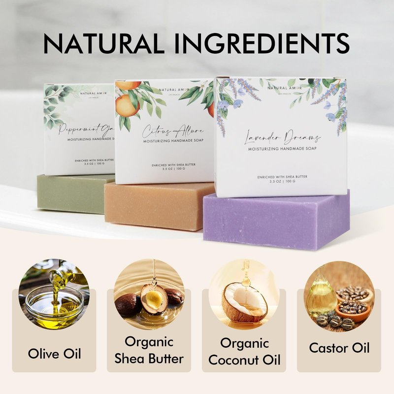 Natural Amor All Natural Handmade Soap Bar, Nourishing 3 pack- Rose Bergamot, Lavender, Unscented Oatmeal Bar Soap, 4.3 OZ each