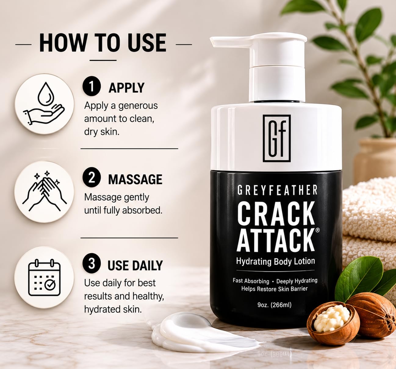 Greyfeather Crack Attack Hydrating Body Lotion for Dry Cracked Skin – Fast Absorbing, Mint Scented, Non-Greasy Moisturizer with Aloe, Shea Butter – Heals Hands, Feet, Elbows, Full Body Repair