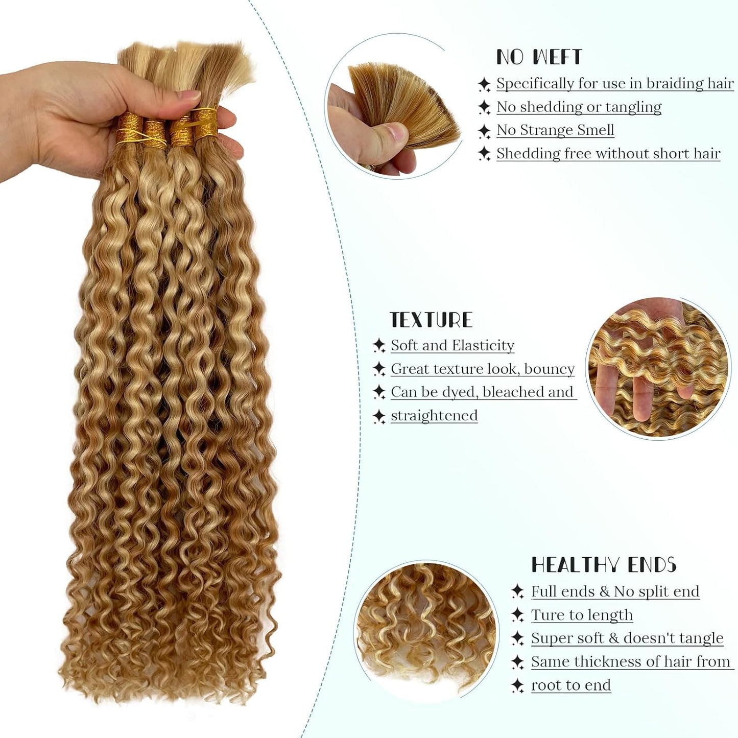 Honey Blonde Water Wave Braiding Hair - Ombre Bulk Human Hair Extensions | 2 Bundles, 100g, 16”