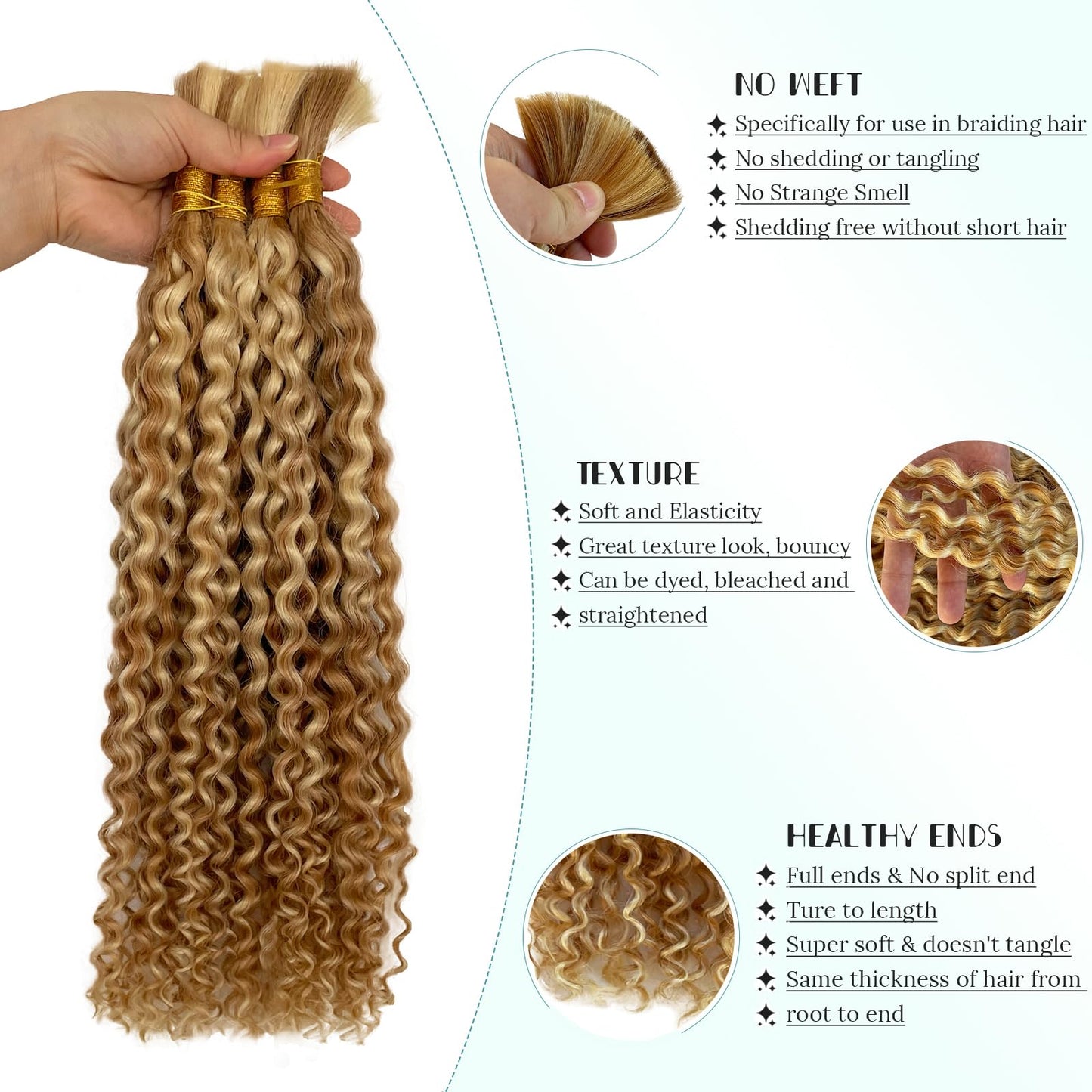 Water Wave Bulk Human Hair for Braiding Hair 14inch 100g With 2Bundles for Braiding Micro Highlights Ombre Blonde Human Braiding Hair 100% Unprocessed Brazilian Virgin Human Hair Extensions