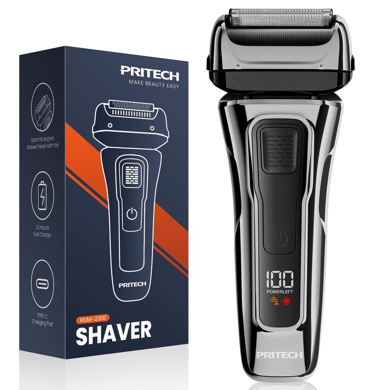 PRITECH Foil Shaver for Men, Electric Razor with Tight Foil Technology, Skin-Friendly Design, Easy Blade Replacement, Cordless Rechargeable with Pop-Up Trimmer, LED Display,Waterproof