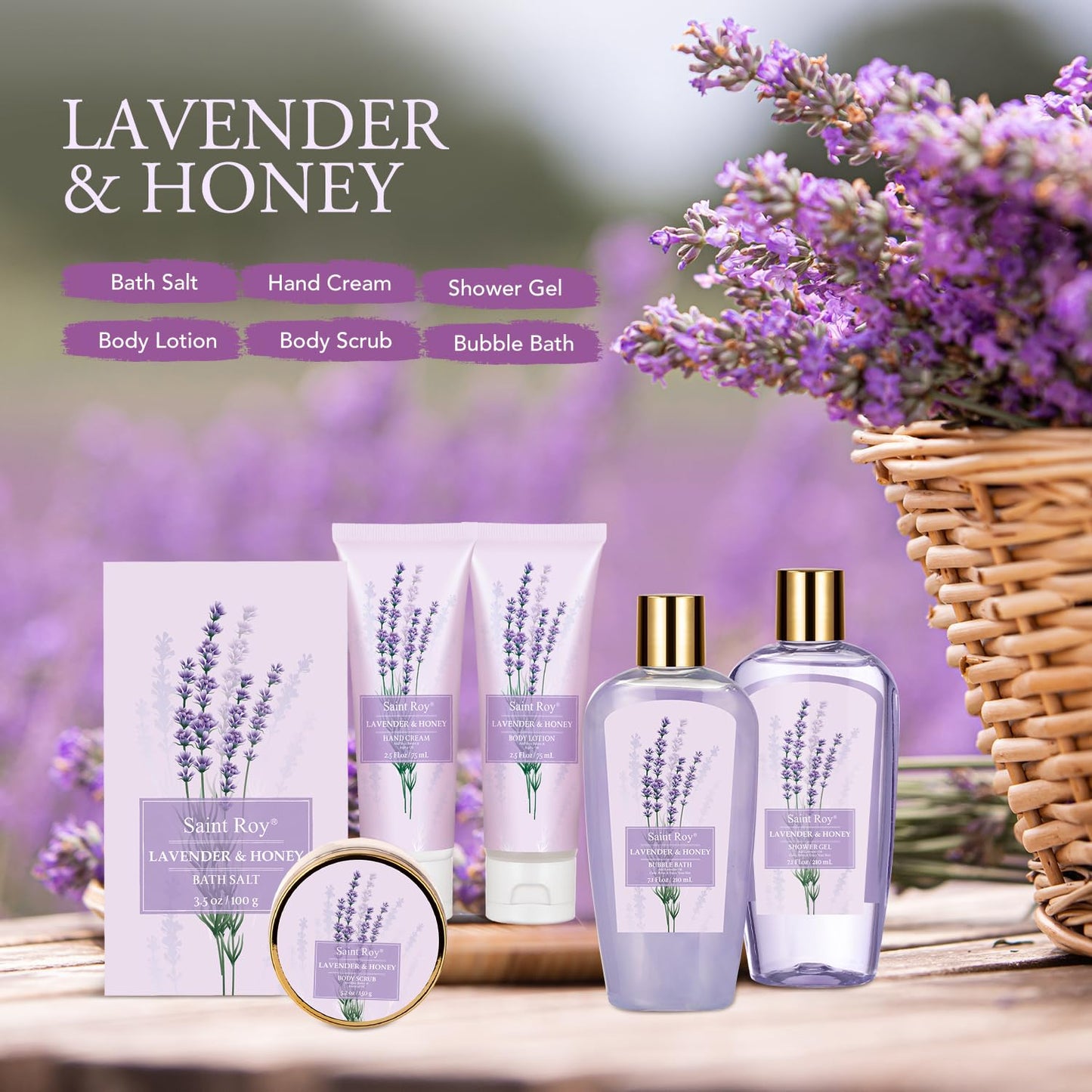 Lavender Bath and Body Gift Basket, Face Skin Care Set, Spa Kit, Self-Care