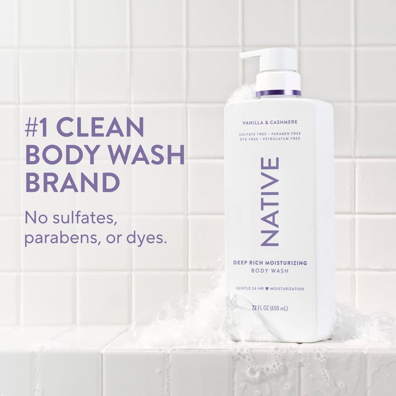 Native Vanilla & Cashmere Scent 24-Hour Moisturizing Bodywash for Men & Women, Clean & Gentle, for Dry or Sensitive Skin, Keeps Skin Healthy & Smooth, Free of Sulfates, Cruelty-Free, 22 oz