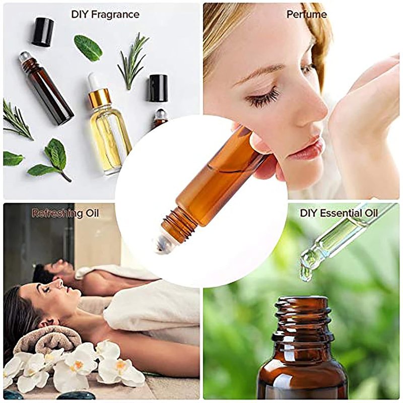 Essential Oil Roller Bottles - 10ml Amber Glass 48-Pack with Stainless Steel Balls | Refillable Applicator for Hair & Oils