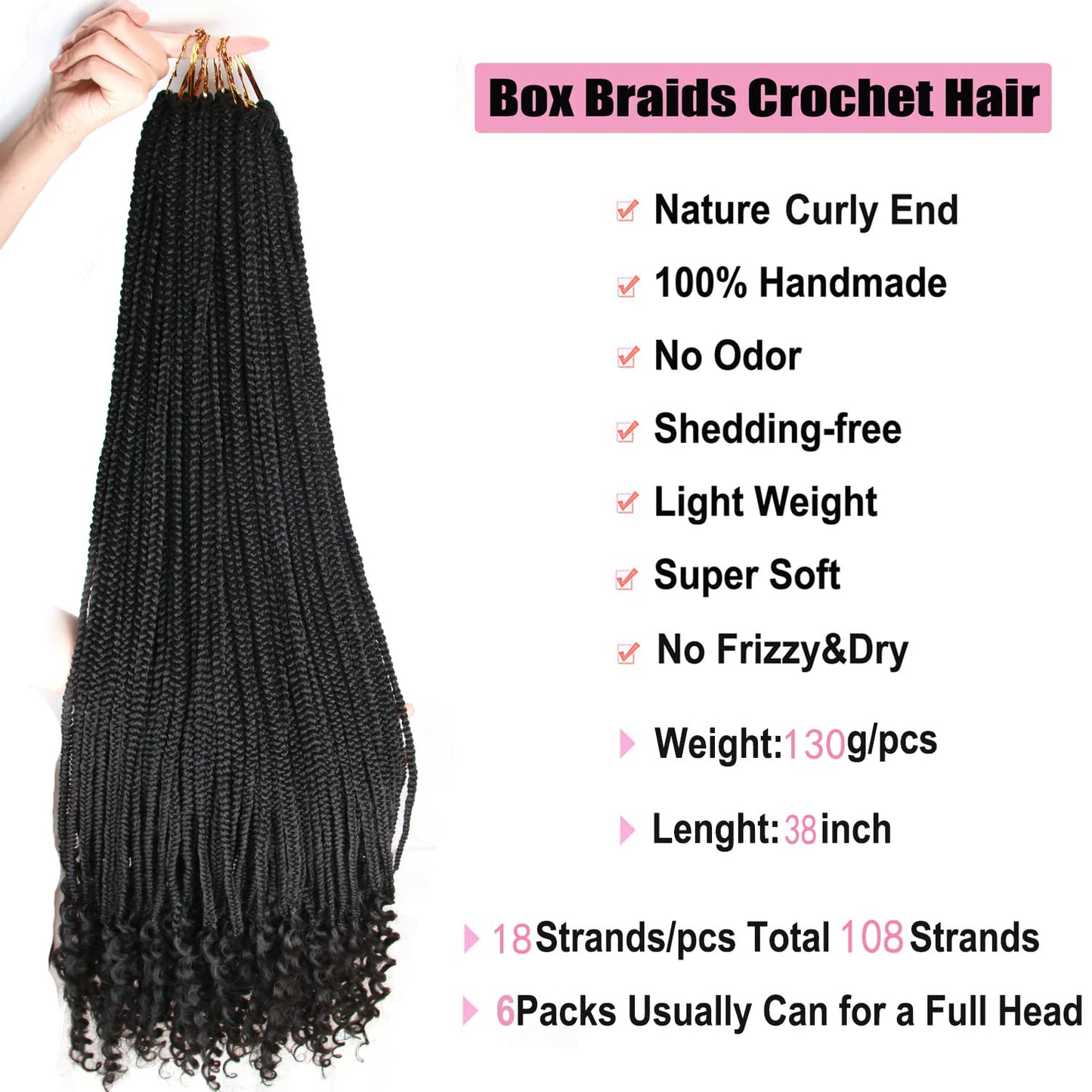 38 Inch Black Crochet Braids Box Braids Crochet Hair For Women 6Packs Long Black Box Crochet Braid Hair With Curly Ends(38inch, 1B#)