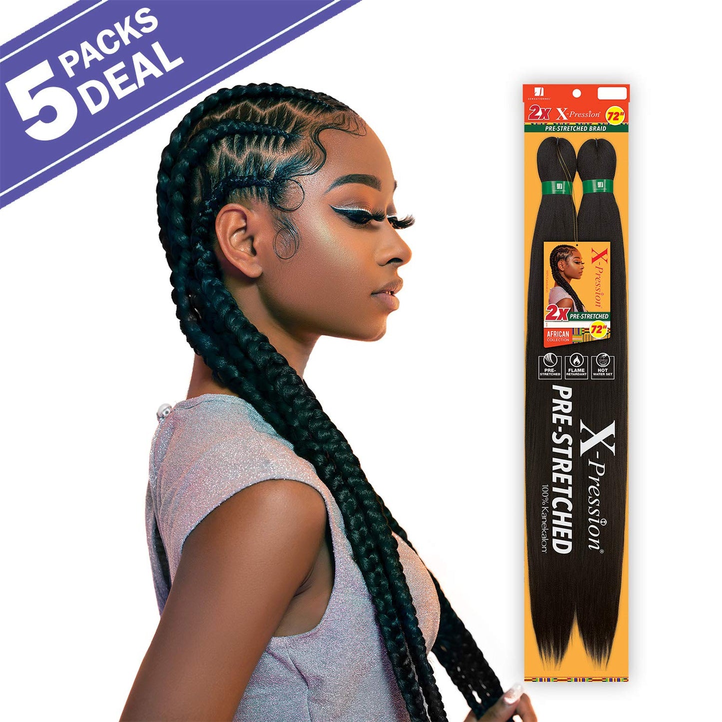 XPRESSION 3X Pre-Stretched Braids - 58 Inches Long | 5-Pack, Color 1