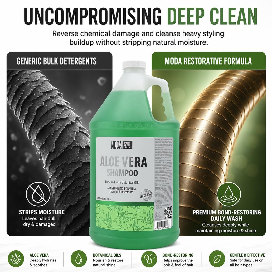 MODA Shampoo - Moisturizing Shampoo for All Hair Types - 128Oz, Professional - Deeply Cleanses and Conditions, Strengthens, Restores and Shine your Hair (Aloe Vera)