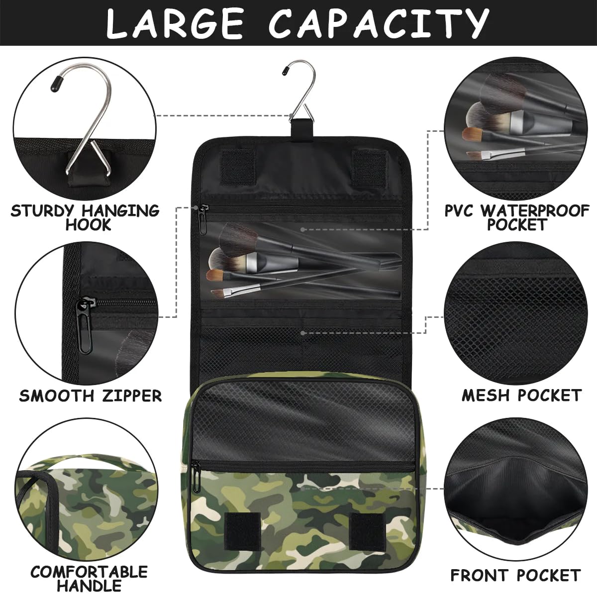 PATTERNFUL Camouflage Hanging Travel Toiletry Bag for Kids, Women Cosmetic Organizer Makeup Bag Pouch Men Shaving Dopp Kit Shower Bag With Sturdy Hook