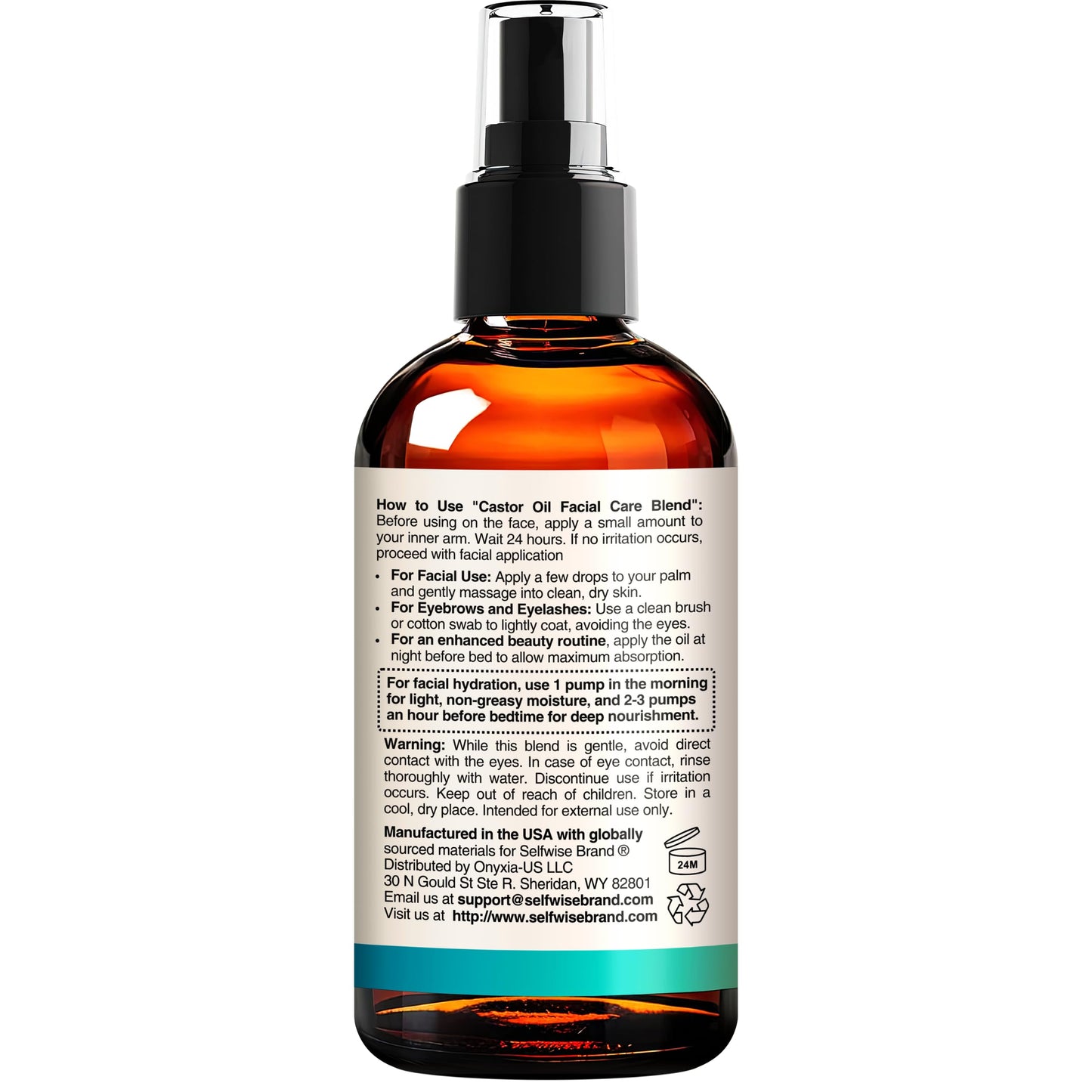 SELFWISE Organic Castor Oil For Face Moisturizer, Eyes, Eyelashes, Eyebrows, Wrinkles with Jojoba, Rosehip, Grapeseed, Squalane, Palmarosa, Bergamot and Vitamin E for Gentle Skin, Men & Women 4oz