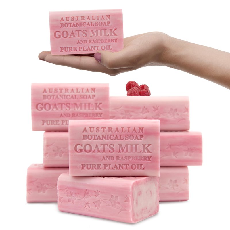 Australian Botanical Goats Milk Soap and Raspberry, 6.6 OZ, Triple Milled Bars made with a Natural Soap Base and Enriched with Organic African Shea Butter, Pack of 8