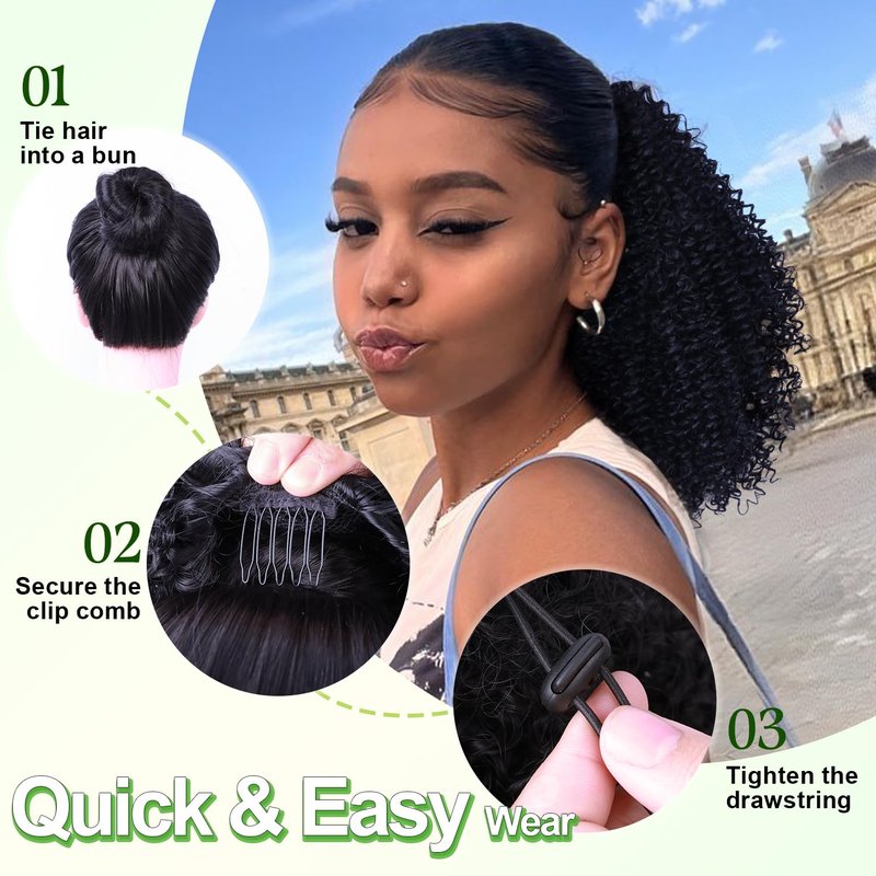 Ponytail Extension - 10 Inch Afro Kinky Curly Drawstring Hairpiece for Black Women | Mix Dark Brown (1B/33#)