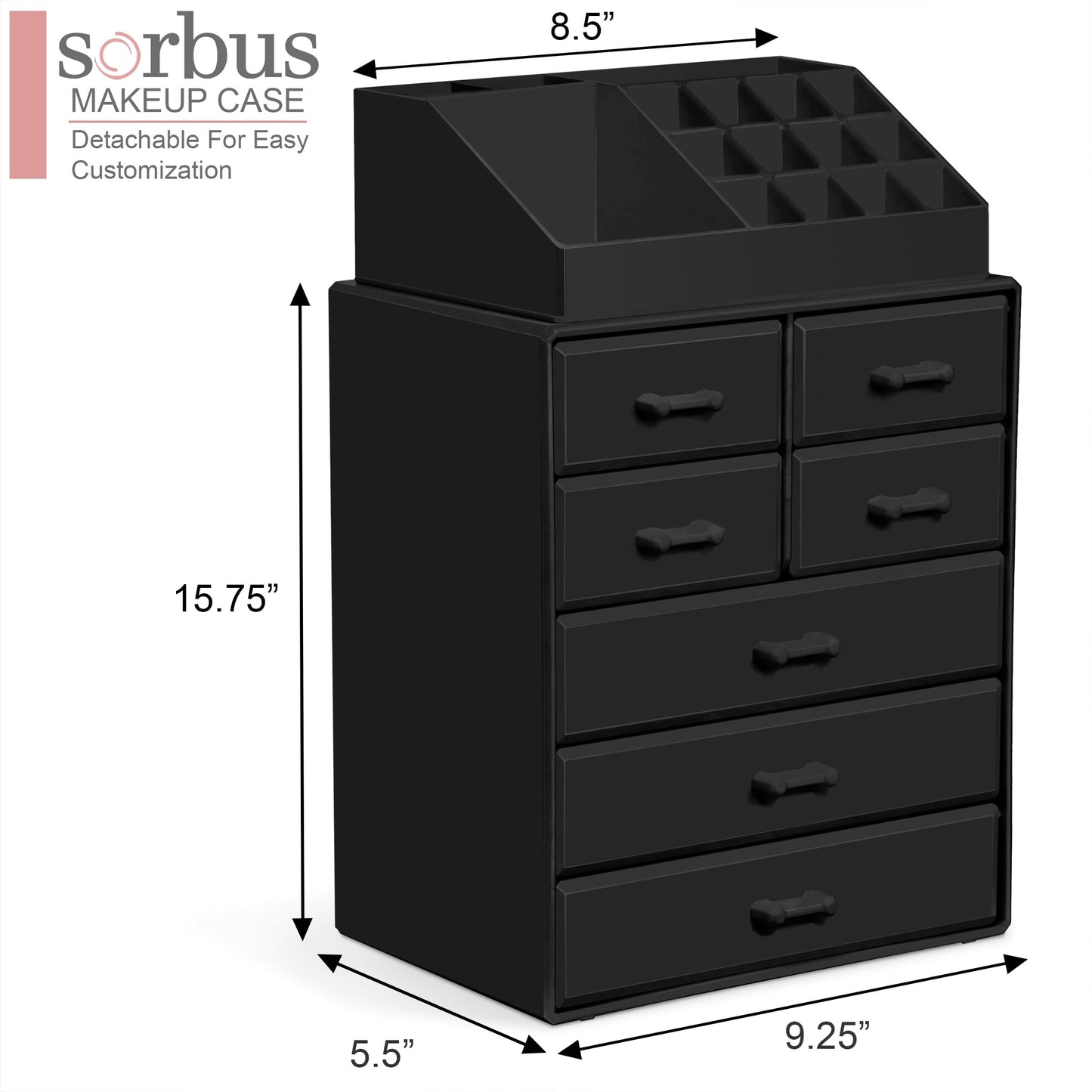 Sorbus Makeup Organizer, Brush Holder and Make Up Storage Drawers - Acrylic Makeup organizer for vanity, Bathroom - Cosmetic Display Cases with 3 large, 4 Small Drawers & 1 Tray for Makeup Brush