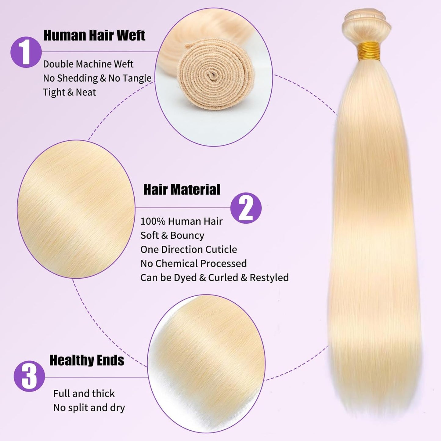 613 Blonde Human Hair Bundles - 20 Inch Straight 100% Unprocessed Brazilian Virgin Hair Extensions for Women