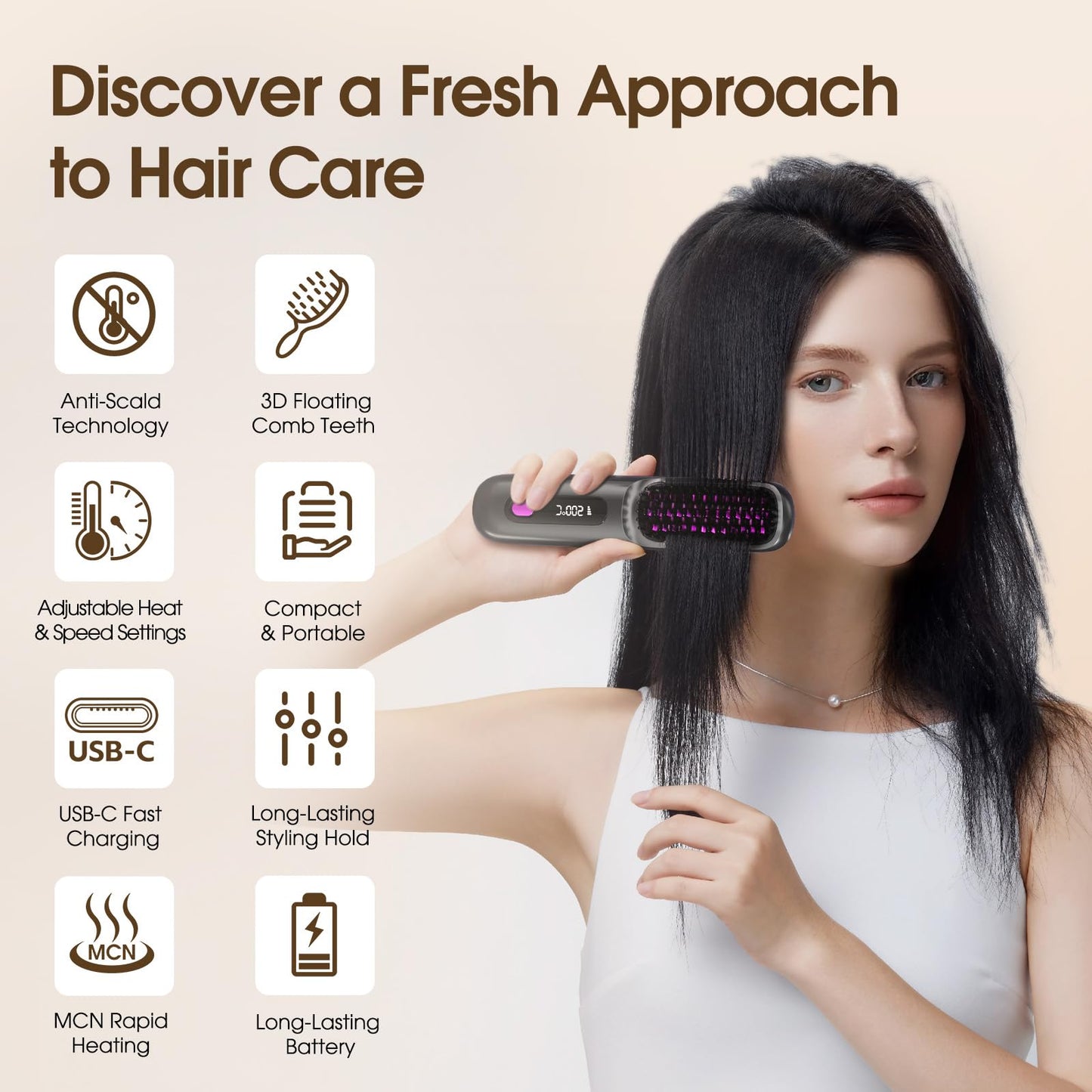 Lovinity Hair Straightener Brush with LCD Display(MCH Ceramic Fast Heating)(Cordless USB Charging Straightener) Portable Mini Straightening Brush for Home Travel, Black