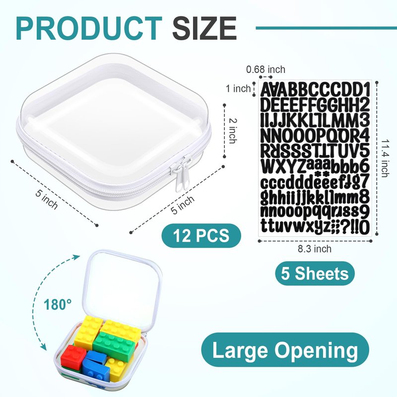 Qiyaz 12 Pcs Clear Hard Zipper Case Plastic Zipper Pouch with 5 Sheets Alphabet Stickers Double Toy Storage Organizer Makeup Case for Travel Building Blocks Puzzles Cosmetic(5 x 5 x 2”)