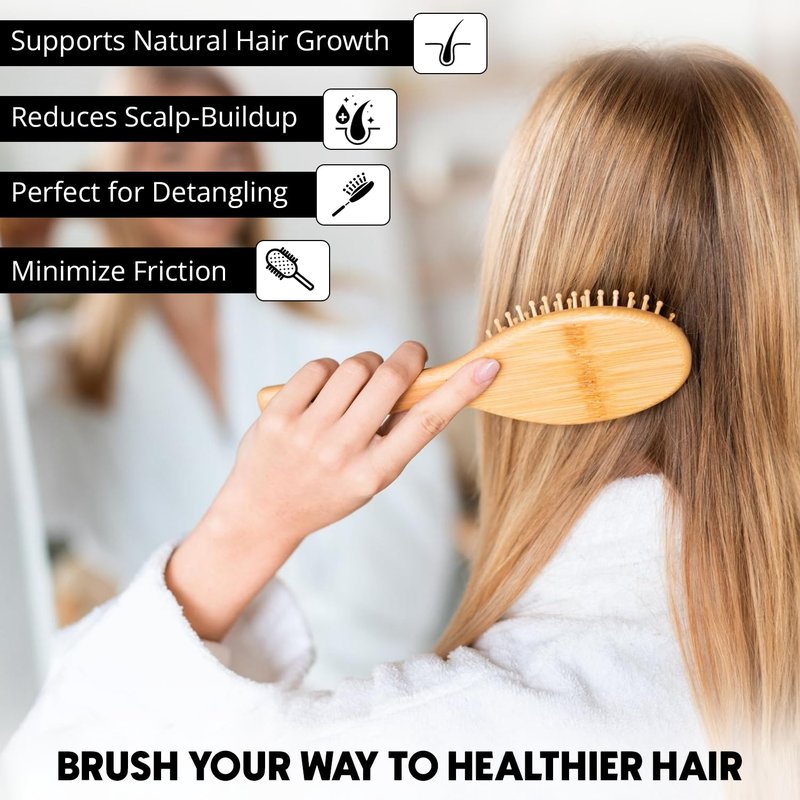 Bamboo Hair Growth Brush - Natural Bristle Detangling Paddle for All Hair Types | Ergonomic Handle for Men & Women