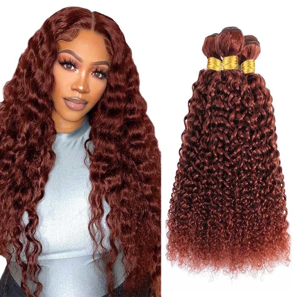 ZCMYVINND Color #33 Reddish Brown Jerry Curly Human Hair Bundles 3 Bundles 10 12 14 Inch Double Weft Unprocessed Brazilian Virgin Remy Copper Red Curly Wave Bundle Hair Extensions Auburn Bundle 300g