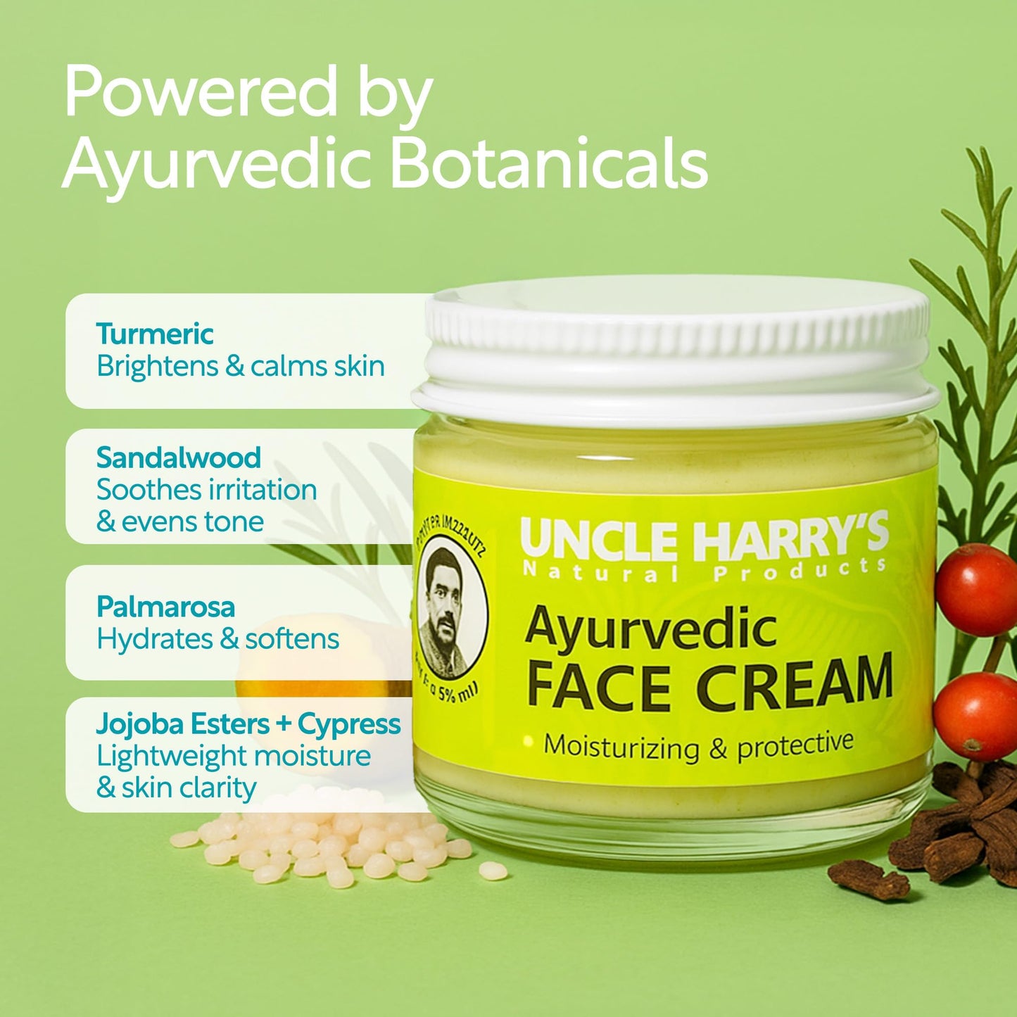 Uncle Harry's Natural Products Ayurvedic Face Cream with Jojoba Esters and Pure Essential Oils of Turmeric, Sandalwood, Palmarosa, and Cypress – For Day and Night Use, Vegan, 2 Fluid Ounce Glass Jar
