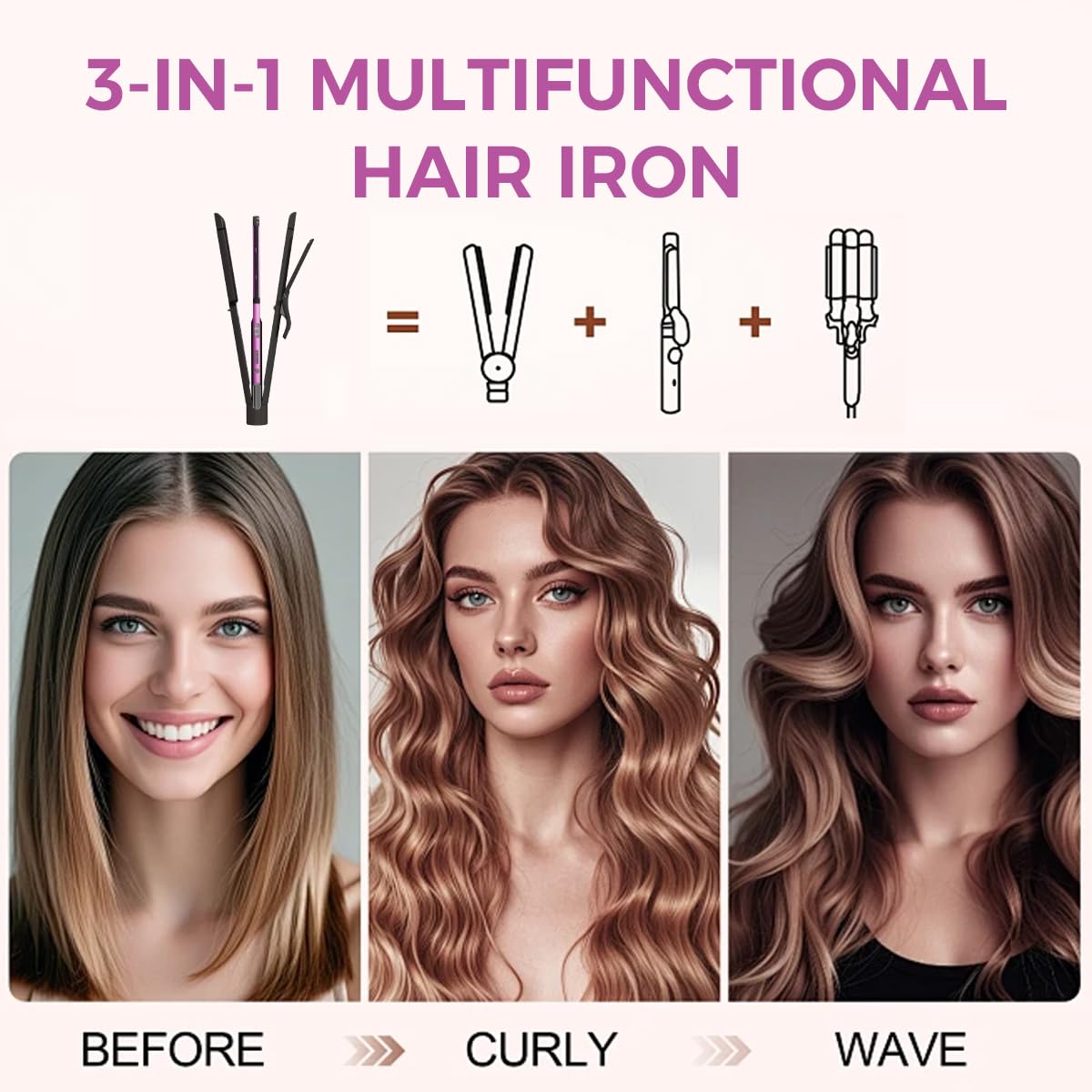 3 in 1 Hair Straightener, Curling Iron, Flat Iron & Hair Crimper Tool – Ceramic Plates, Dual Voltage,PRITECH Professional Hair Tool Fast Heating Hair Styling Tool for Women, Salon or Travel Use