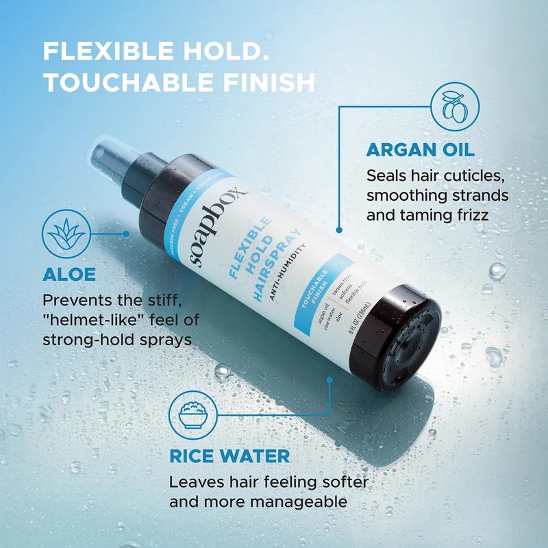 Soapbox Non Aerosol Hairspray, Anti Humidity & Flexible Hold Hairspray Adds Shine & Controls Frizz - Scented Anti Frizz Hair Spray with B5 & Aloe Vera - Touchable, Light, Soft Hold, Non-Aerosol - 8oz