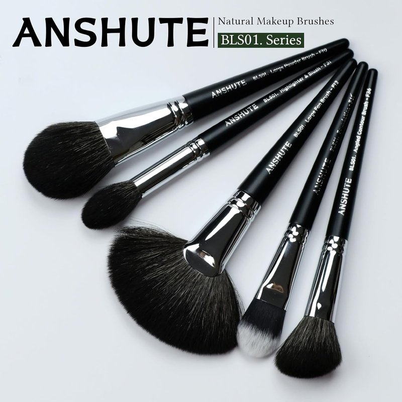 5-Piece Natural Goat Hair Makeup Brush Set - Super Soft Face Brushes for Powder, Blush, Contour | Labeled Handles