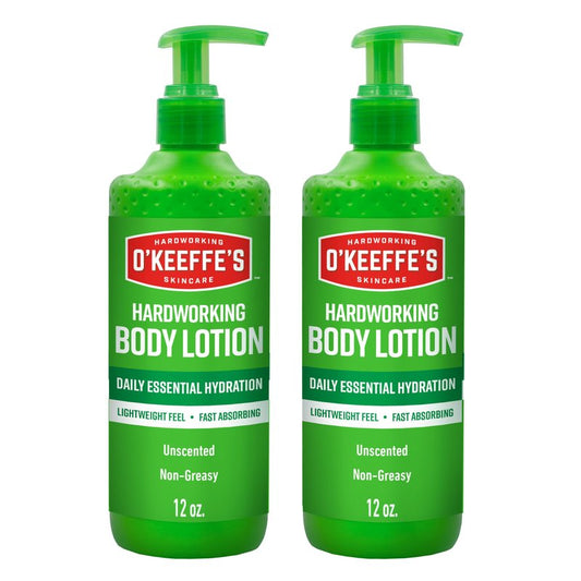 O’Keeffe’s Hardworking Body Lotion, Deep Hydration for Extremely Dry & Cracked Skin, 12 oz Pump (2 Pack), Fragrance-Free & Hypoallergenic, Non-Greasy Fast-Absorbing Formula