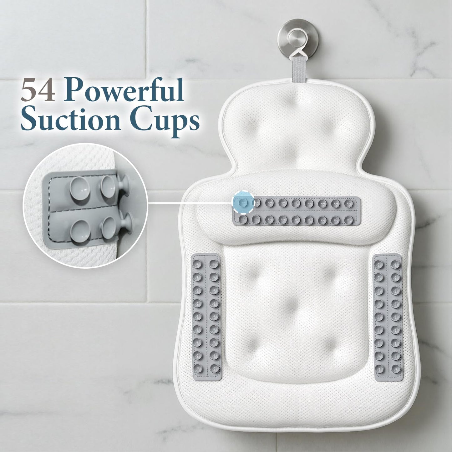 Bath Pillows for Tub, Comfortable Bathtub Cushion for Head and Neck with Soft 3D Mesh Fabric and 54 Non-Slip Suction Cups, Relaxing Tub and Shower Accessories Spa Gift White Extra Thick