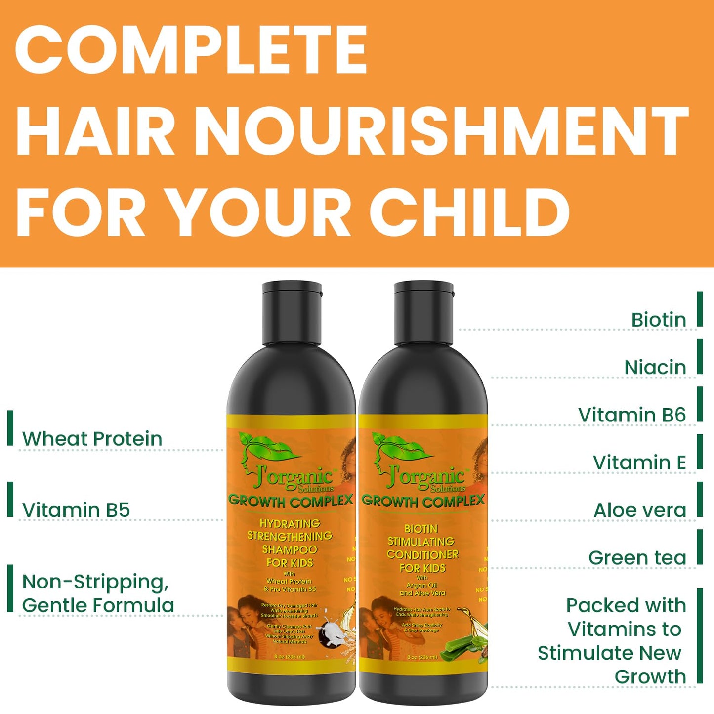 J' Organic Solutions Biotin Hydrating, Strengthening shampoo & Conditioner Set Phthalates-Free, No Sulfate, Paraben-free Baby And Toddler Shampoo and Conditioner (2x 8oz)