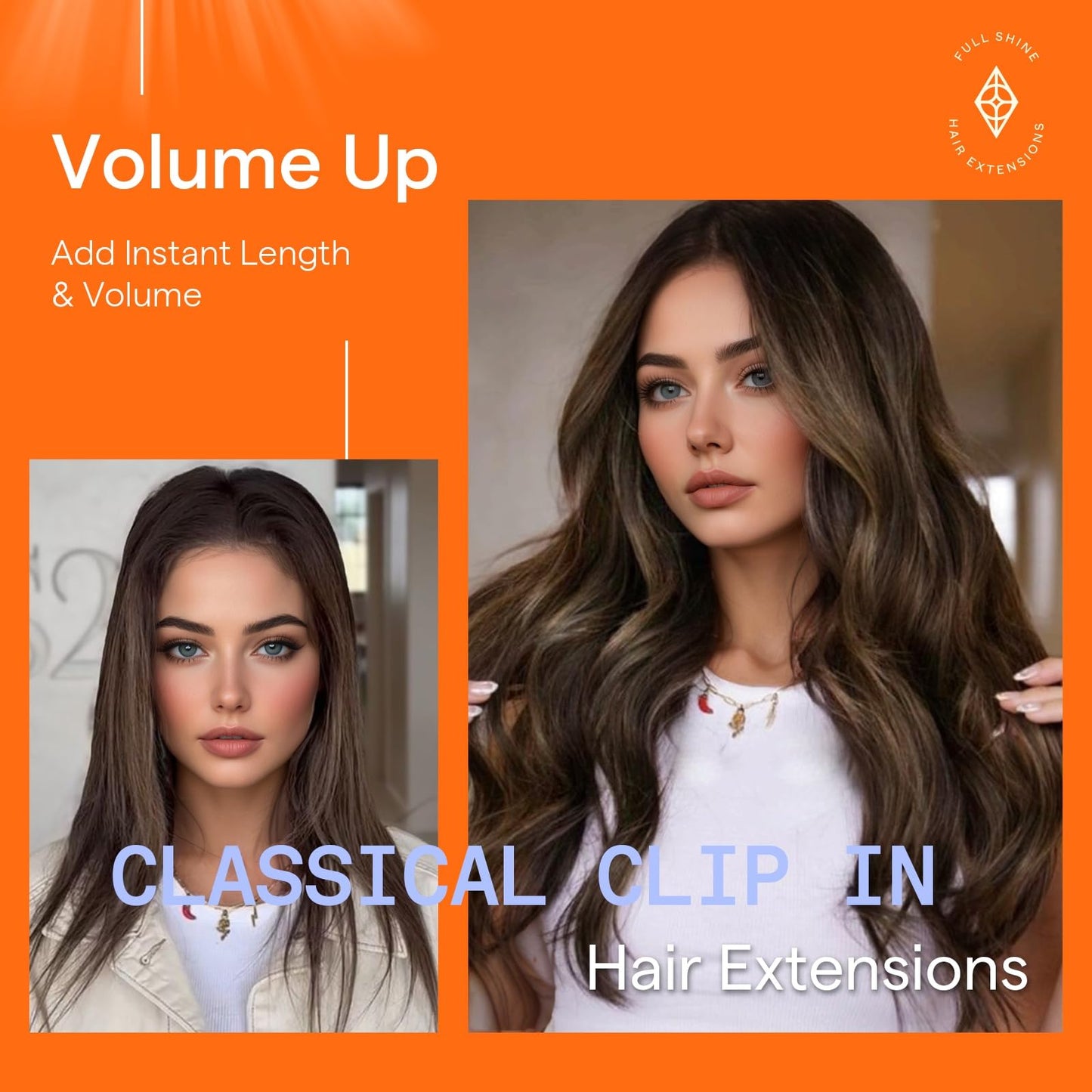 Full Shine Clip in Hair Extensions Human Hair Balayage, 12 Inch 95g