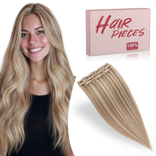 Real Human Hair Clip-In Extensions - 20 Inch Soft Lace Wefts | Flax Yellow Mixed Light Gold - 3 PCS Set
